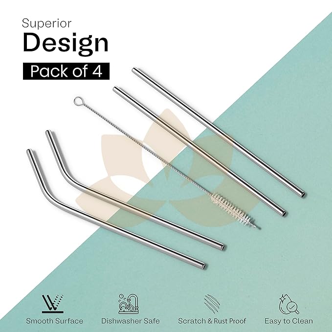 Reusable Stainless Steel Metal Straws for Kids Adults with Cleaing Brush